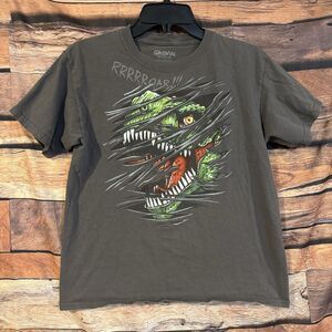 Gildan Dinosaur T-Rex Roar T-Shirt Boys 2XL Gray Graphic Tee Slash Tearing